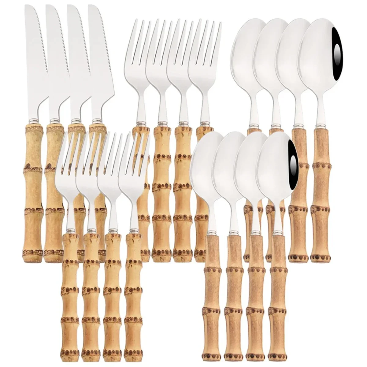 20Pcs Silver Bamboo Handle Cutlery Set 304 Stainless Steel Dinnerware Set Knife Dessert Fork Spoon Tableware Kitchen Flatware