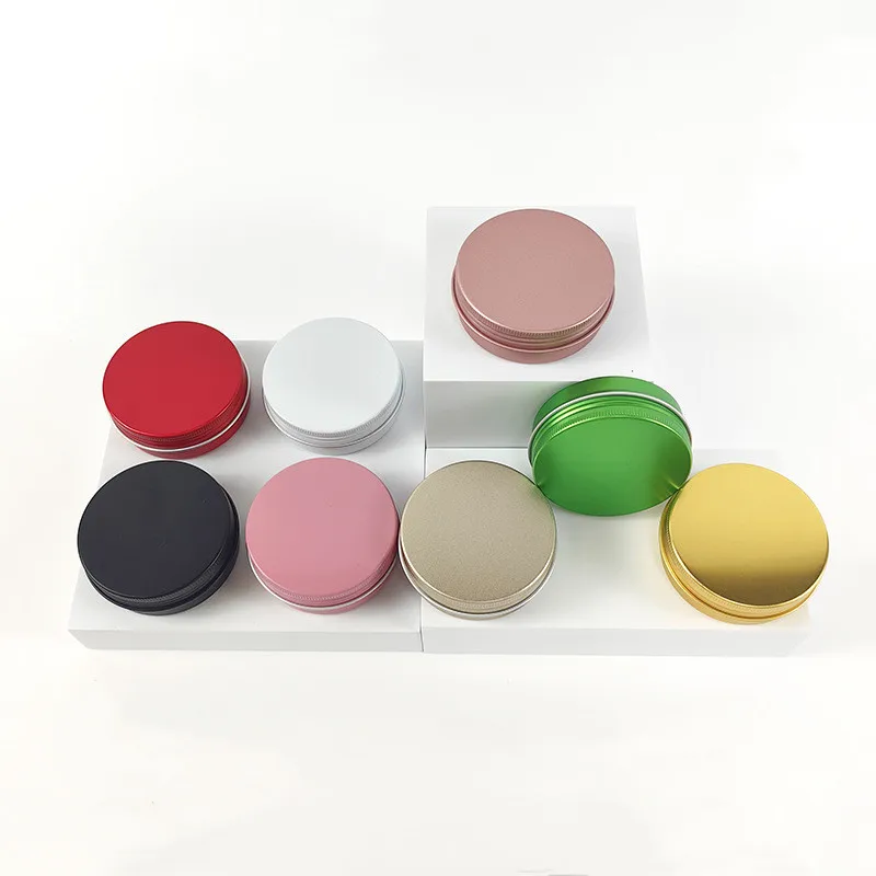 200 PCS อลูมิเนียมที่มีสีสัน Jar พร้อมสกรู Cap 60mL 2oz รอบอลูมิเนียมดีบุกบรรจุภัณฑ์เครื่องสําอางที่กําหนดเองดีบุกคอนเทนเนอร์สามารถ