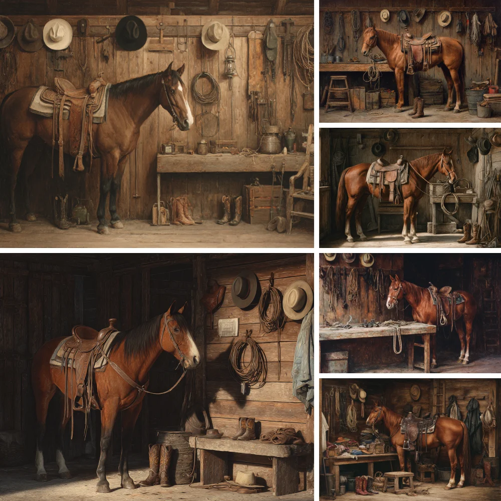 

Western Cowboy Photography Backdrop Rustic Farm Barn Haystack Wood House Horse Wheel Background Party Decor Photo Shoot Props
