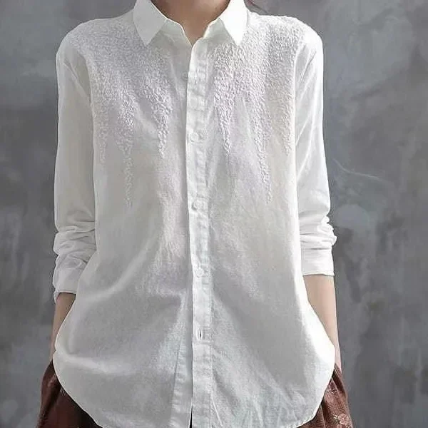 

2025 Retro Artistic Long Sleeve Embroidered Casual Shirt Base Layer Loose Fit Versatile Spring Festival New Arrival Women's Butt