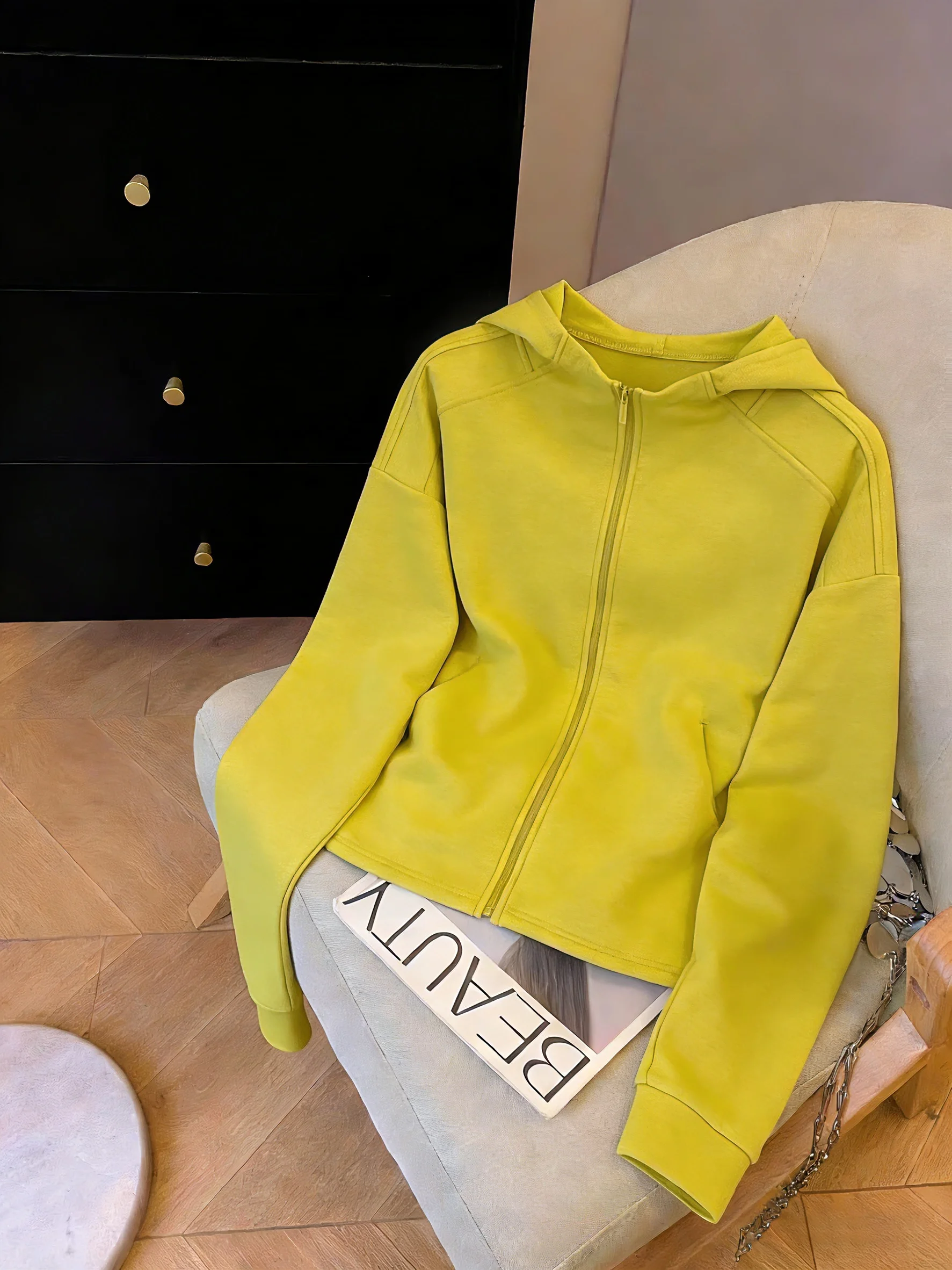 

Dopne ing Yellow Zipper Hoodie ex Spring Autumn Color Versatile Casual Wear Comfortable Long Sve Streetwear