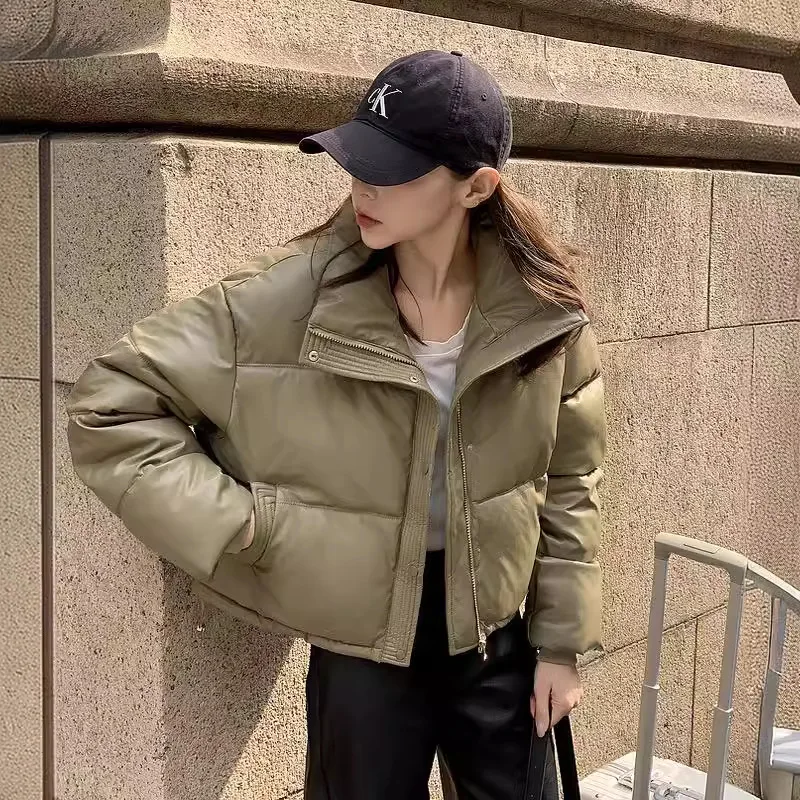 Women PU Leather Parkas Coats Short Overcoat Solid Stand Collar Zipper Long Sleeve Straight Thick Casual Office Lady Winter 2025