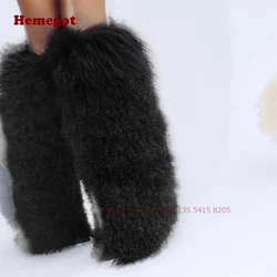 Black Mongolian Fur Stiletto Boots Thin High Heels Plush Fluffy Women's Boots Casual Pointy Toe Solid Elegant Runway Shoes Sexy