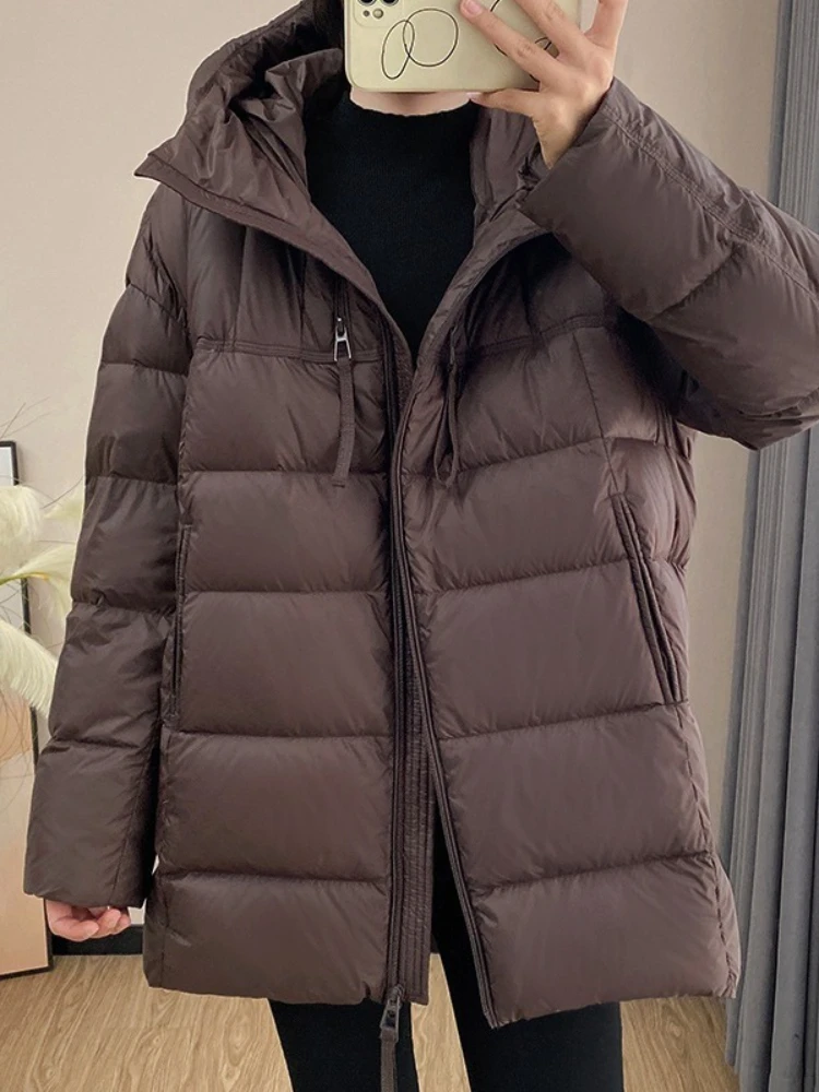 Koreańska luźna kurtka puchowa damska średniej długości, zimowa, modna, codzienna, z kapturem, gruba, ciepła parka, jednolity kolor, 90% biały puch kaczy, płaszcz puchowy.