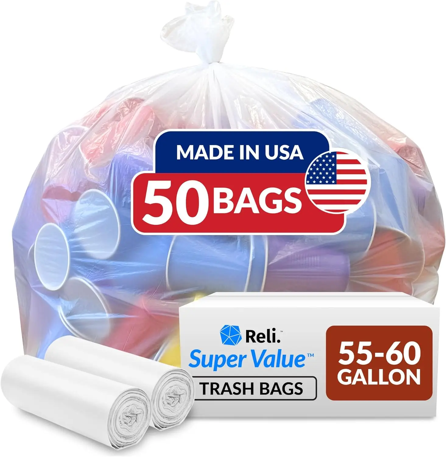 

55-60 Gallon Heavy Duty Clear Trash Bags, 50 Count, Extra Thick & Leak-Proof for Home and Office Use