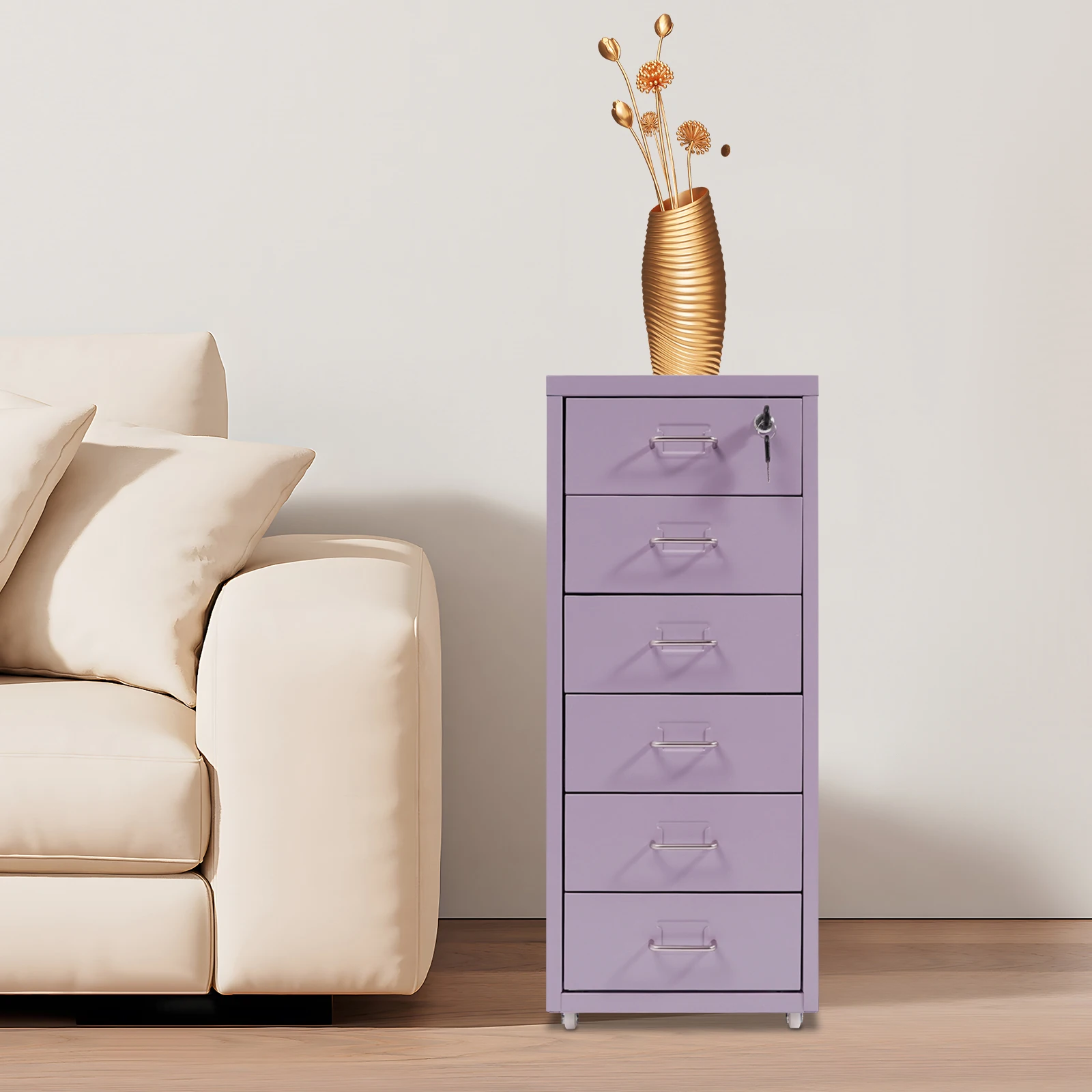 

Metal File Cabinet with Lock 6 Tier Rolling File Organizer Box Cream Purple Color Steel Storage Cabinet for Office School Home