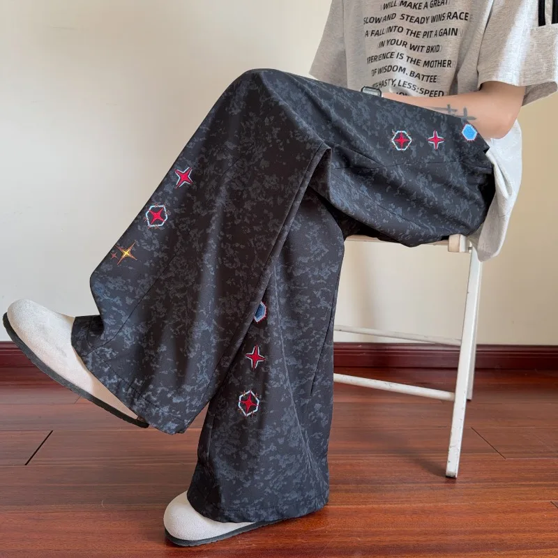 Men's Casual Pants Tie Dye Patchwork Embroidery Design Loose Fit Ice Silk Lightweight Breathable Summer Trousers
