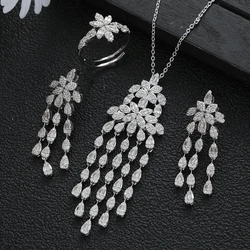 New Luxury Waterdrop Tassel Leaves Cubic Zircon Engagement Dubai Naija Bridal Finger Rings Necklace Earring Jewelry Set S466