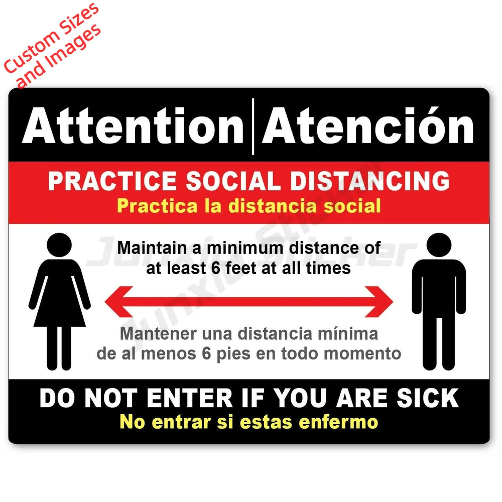 Social Distancing English Spanish Virus Business Store Red PVC Sticker For Store Entrance Weatherproof Decal Entry Reminder