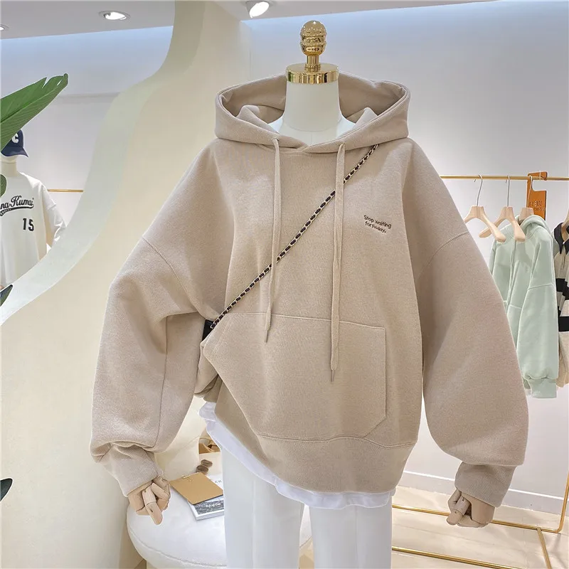 Women Solid Hoodies Sweatshirts Loose Long Sleeve Tops Casual Sporty Thick Warm Ladies Pockets Hooded Pullover Sweatshirt