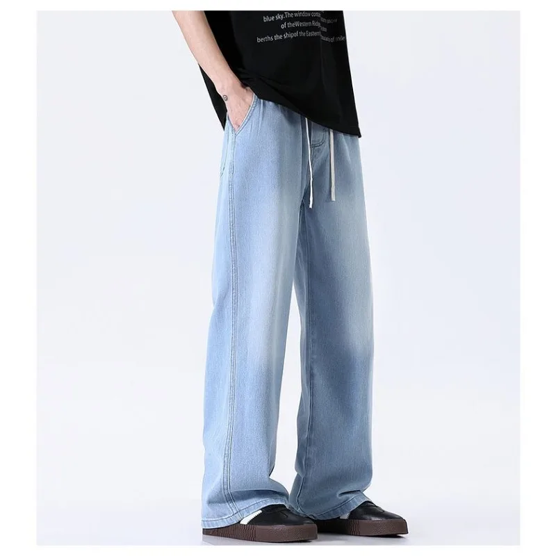 

Men's Blue Wide Leg Jeans Casual Drawstring Waist Cotton Stretch Loose Straight Denim Pants