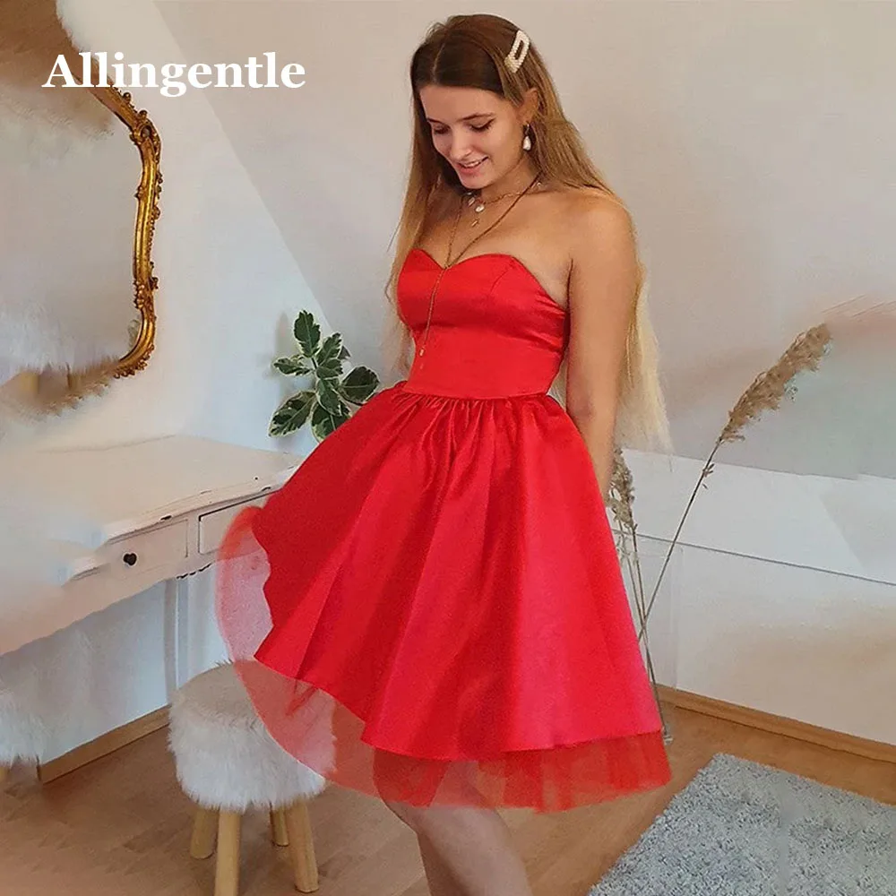 Allingentle Charmante Rode Strapless Satijnen Homecoming Jurken Sweetheart Mini-Jurk Een Line Veters Galajurk Robe De Soirée