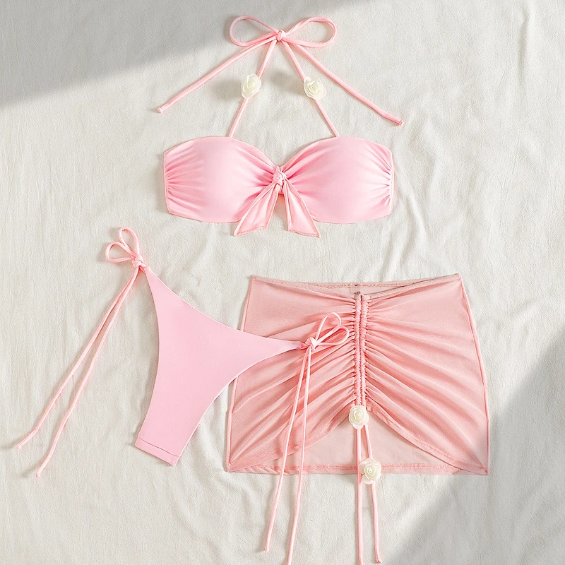 3 Pcs Swimsuit with Skirt Bikini Halter Swimsuit Brazilian Bikini Set Swimwear for Women Sexy Bathing Suits Summer Female
