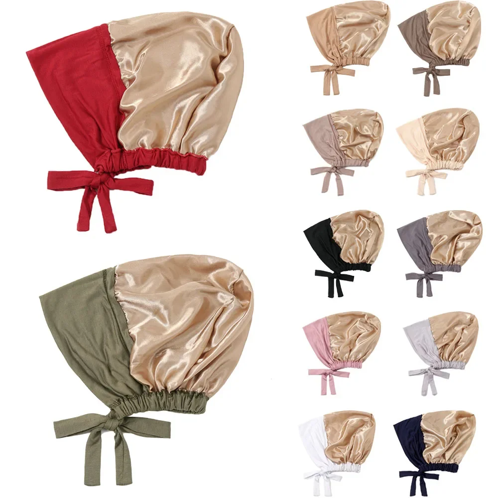 Muslim Satin Modal Hijab Cap Full Cover Inner Jersey Hat Islam Head Wear Stretch Turban Underscarf Bonnet Straps Headband Female