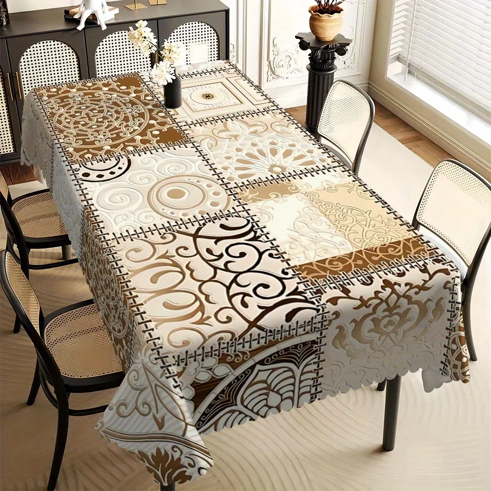 Bohemian Patchwork Mandala Tablecloth, Brown & Beige Ethnic Print, Scalloped Edge, Stain Resistant, for Dining Room & Home Decor