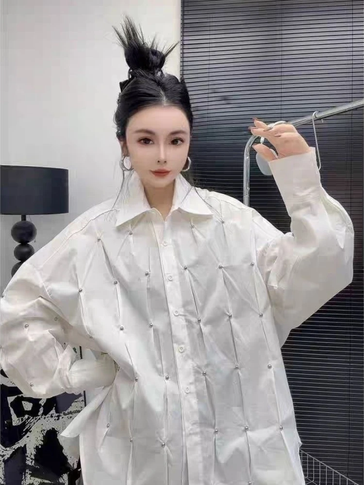 

Новая женская блузка-рубашка с бусинами и пайетками, свободного кроя, на одной пуговице, молодежная, элегантная, с длинными рукавами, коллекция Весна 2026