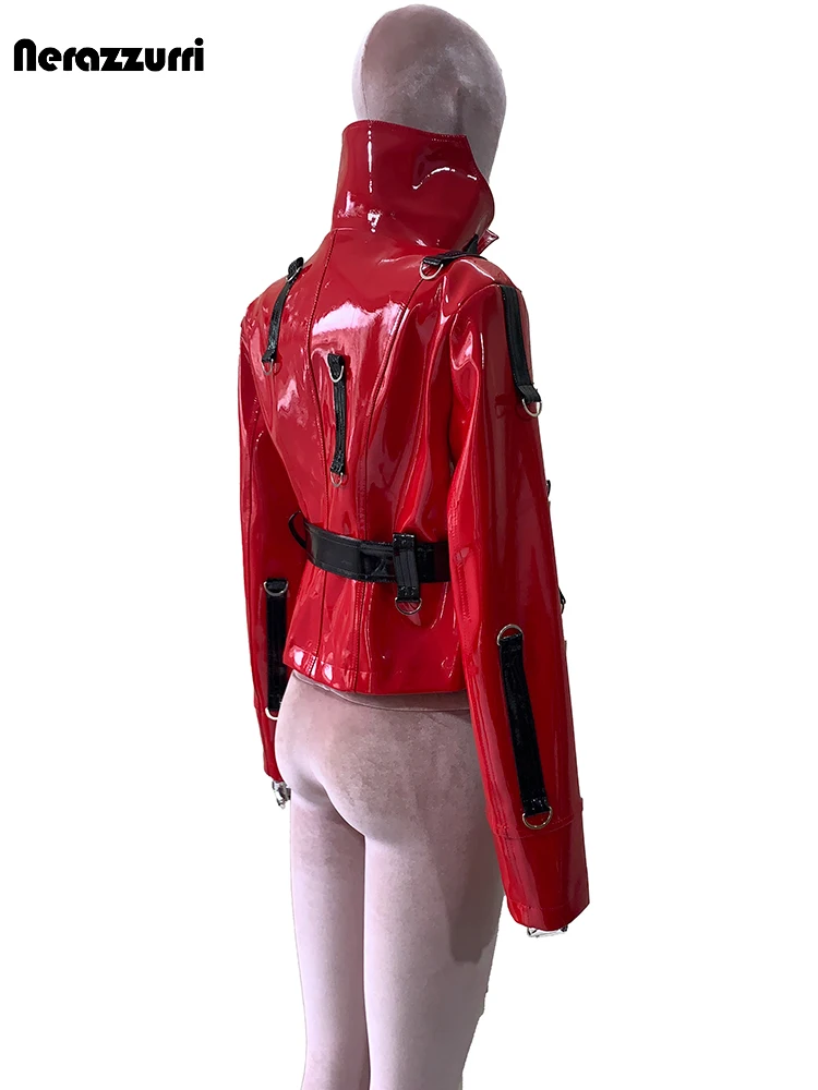 Nerazzurri otoño corto rojo y negro Patchwork brillante reflectante Pu chaqueta de cuero mujeres diseñador de lujo Emo ropa de calle moda