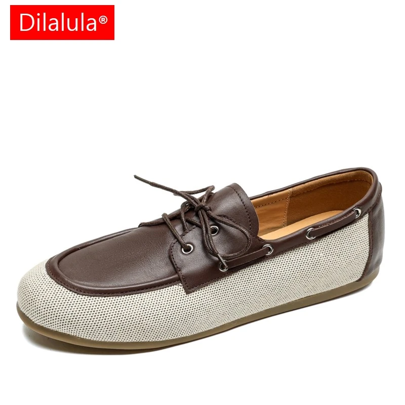 

Dilalula 2026 Comfort Genuine Leather Flat Heel Boat Shoes Women Mixed Color Lace Up Flats Lady Popular Casual Loafers Plus Size