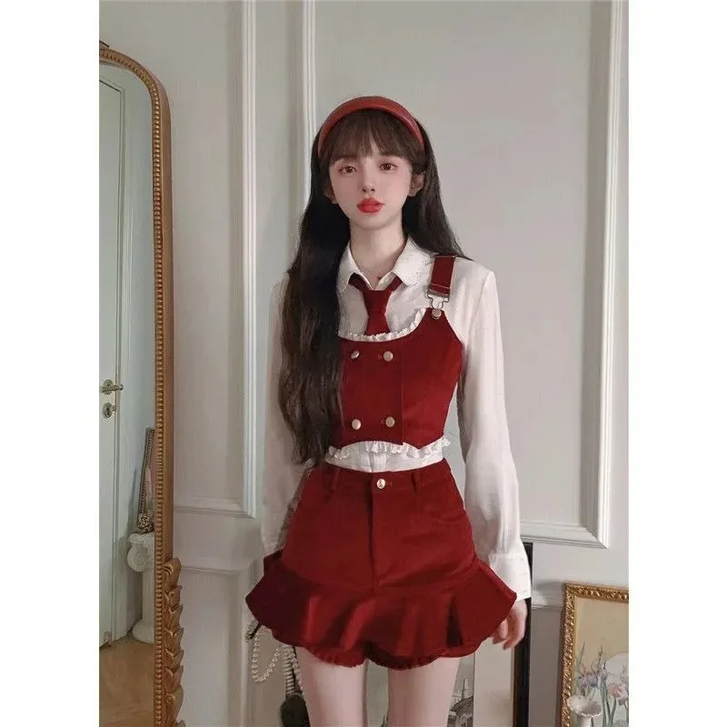 Academy Sweet Spicy Girl Shirt Vest Skirt Three Piece Set Women Fashion Flounce Splice Tie Cool Retro Korean Spring Slim Suit