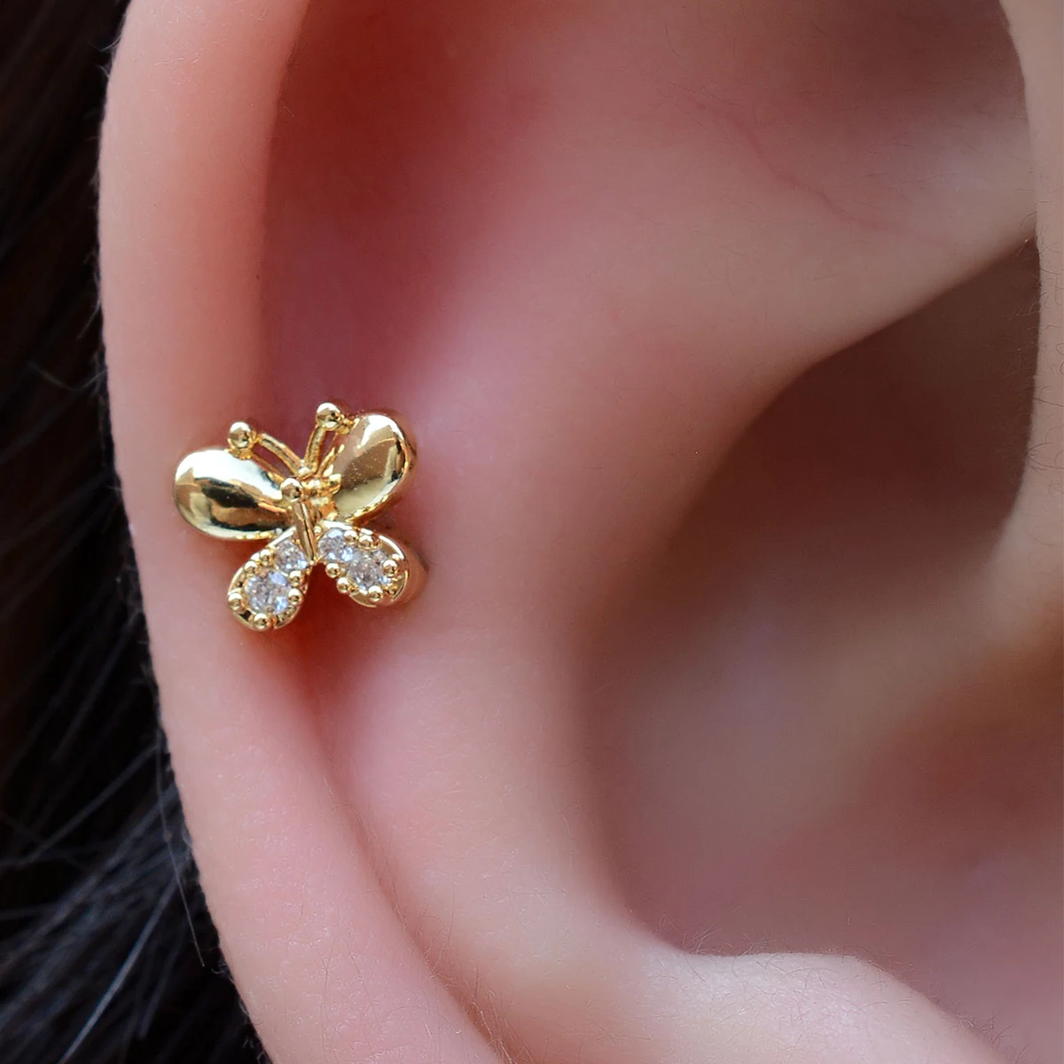 1 Stück 20G Winziger Kristall-Schmetterling Knorpel-Ohrstecker aus Edelstahl mit Zirkonia für Conch, Rook, Tragus, Damen Flachpiercing-Schmuck – Detail 15