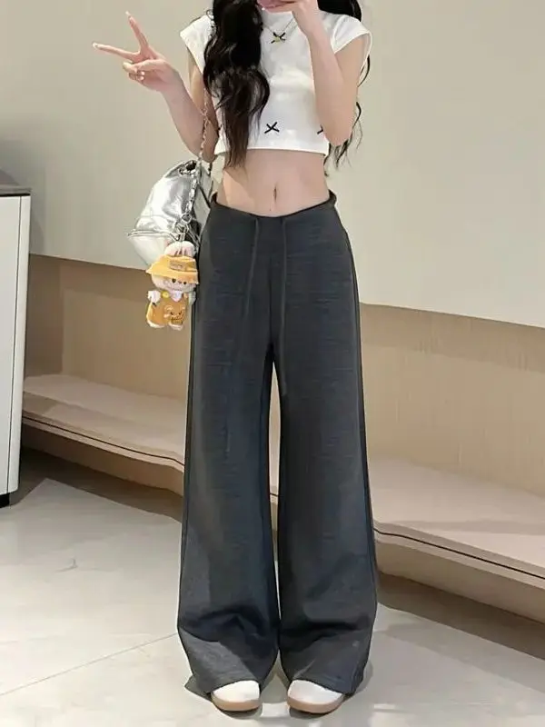 Slim Straight Leg Sweatpants High Waist Loose Drape Grey Slimming Wide Leg Pants Women's Casual Trousers High Elasticity