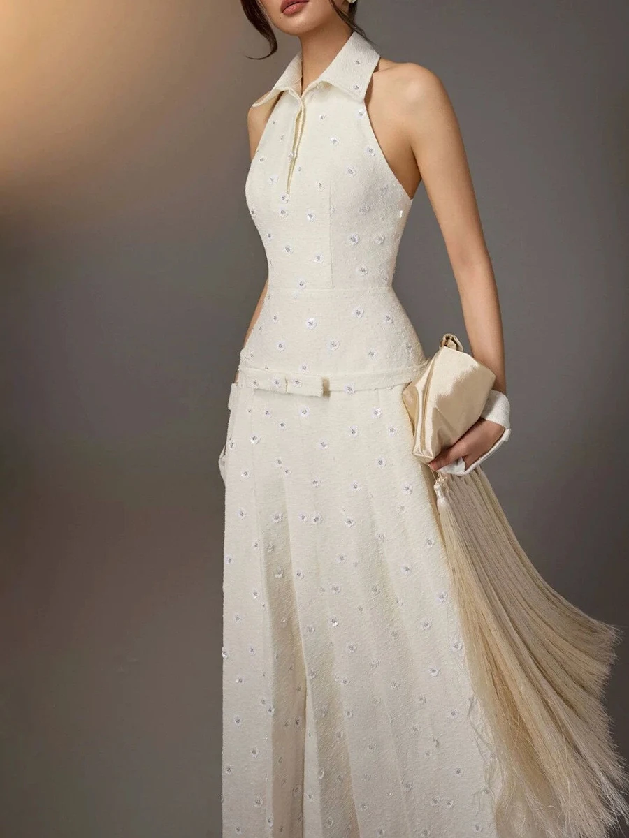 TWOTWINSTYLE Solid Slimming Spliced Beading Dresses for Women Halter Collar Sleeveless Patchwork Applique Midi Dress Female New