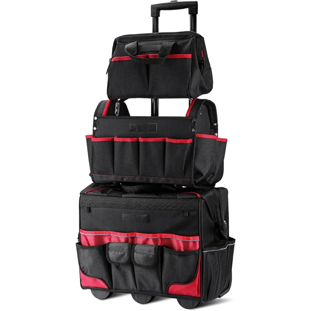 

3PCS Tool Organizer Set,18” Waterproof with Wheels,15” Electrician Tool Tote and 12” Wide Mouth Tool Bag 1680D Professional