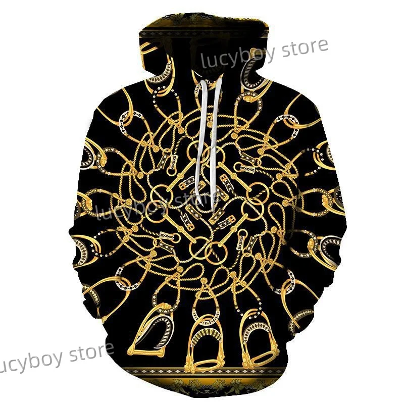 Men Gold Chain Print Loose Hoodies Street Fashion Hoodie Mens Long Sleeve Harajuku Graphic Hooded Sweatshirts Tops Men Clothing