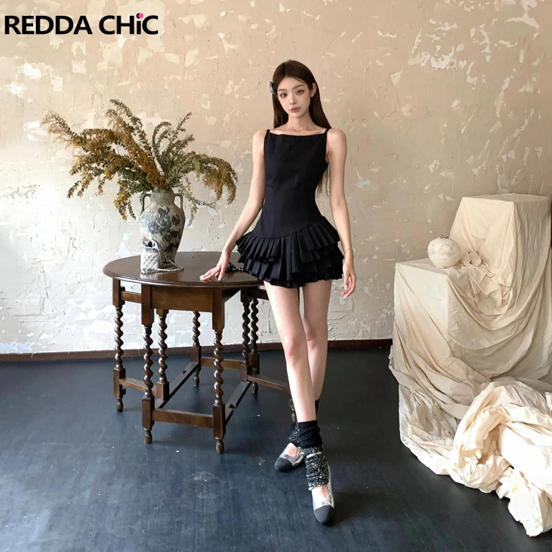 

ReddaChic Irregular Patchwork Pleated Cake Dress Women Balletcore Bandage Solid Black One-piece Mini Dress Formal Party Clothes