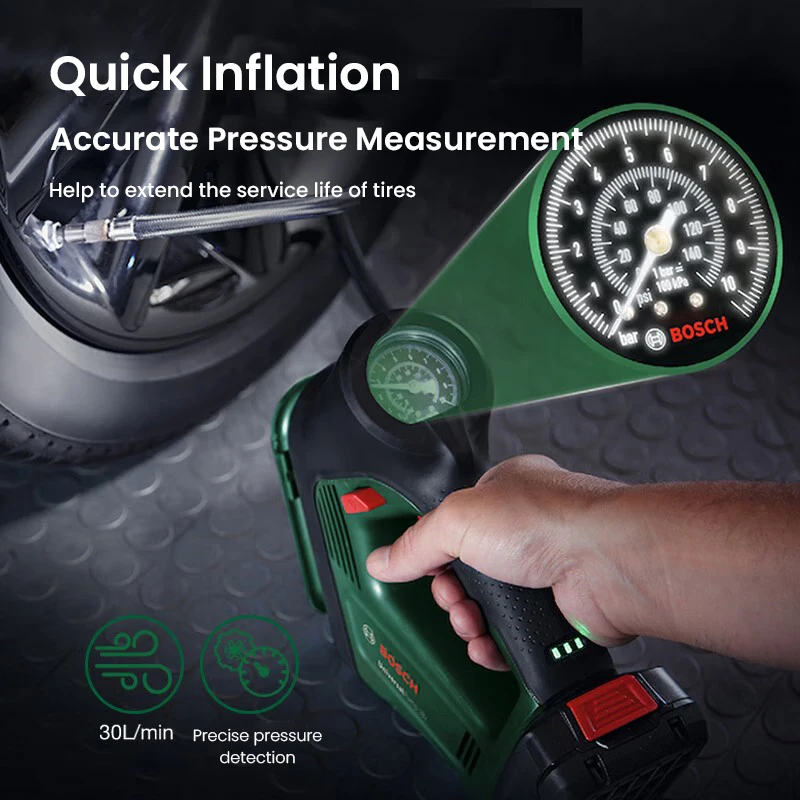 Electric Inflator For Tire BOSCH Digital Display Inflation Pump Tire Pressure Monitor 3pcs Gas Nozzle 150PSI 30L/min Air Pump