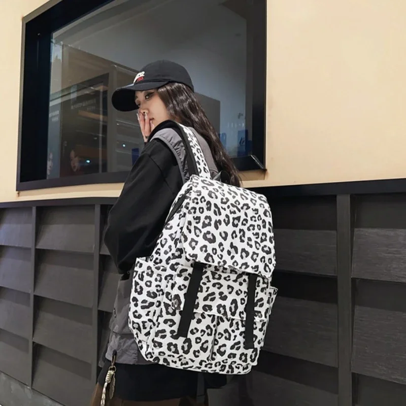 حقيبة ظهر كورية غير رسمية ذات سعة عالية Y2k Harajuku Leopard حقيبة مدرسية تناسب جميع حقائب الظهر النسائية الفاخرة للطلاب