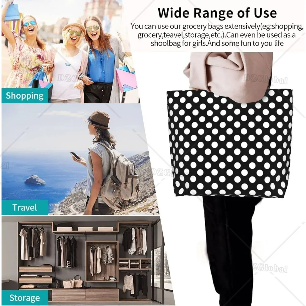 Black and White Polka Dot Tote Bag Large Shoulder Bag Casual Reusable Handbag for Women Shopping Grocery Work