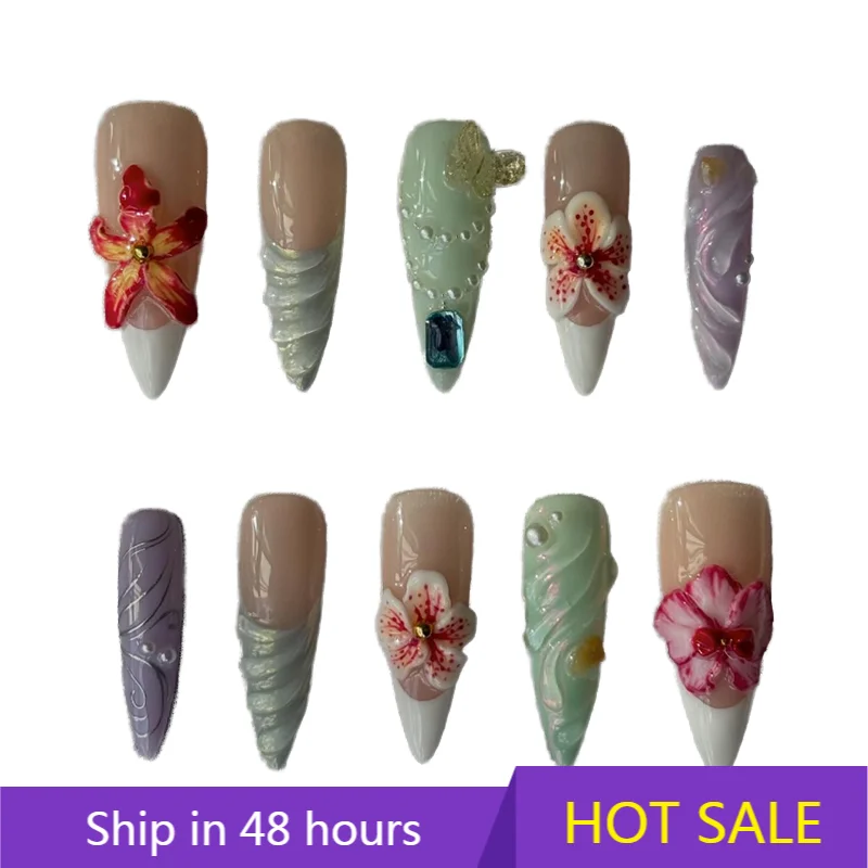 YTYIN اضغط على الأظافر على شكل اللوز الأظافر المزيفة المصنوعة يدويًا بتصميم حلو وطازج للفتيات مع أداة مانيكير مريحة في الارتداء #1