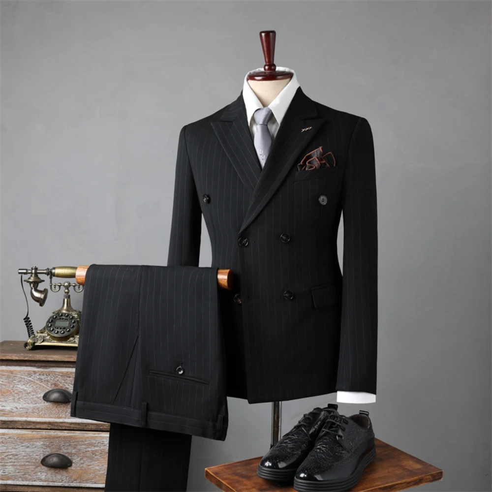 Fashionable On Duty Men's Suit Blazer Pants Two Pieces Striped Groom Wear Classy Slim Dancing Set In Stock Fast Shipping