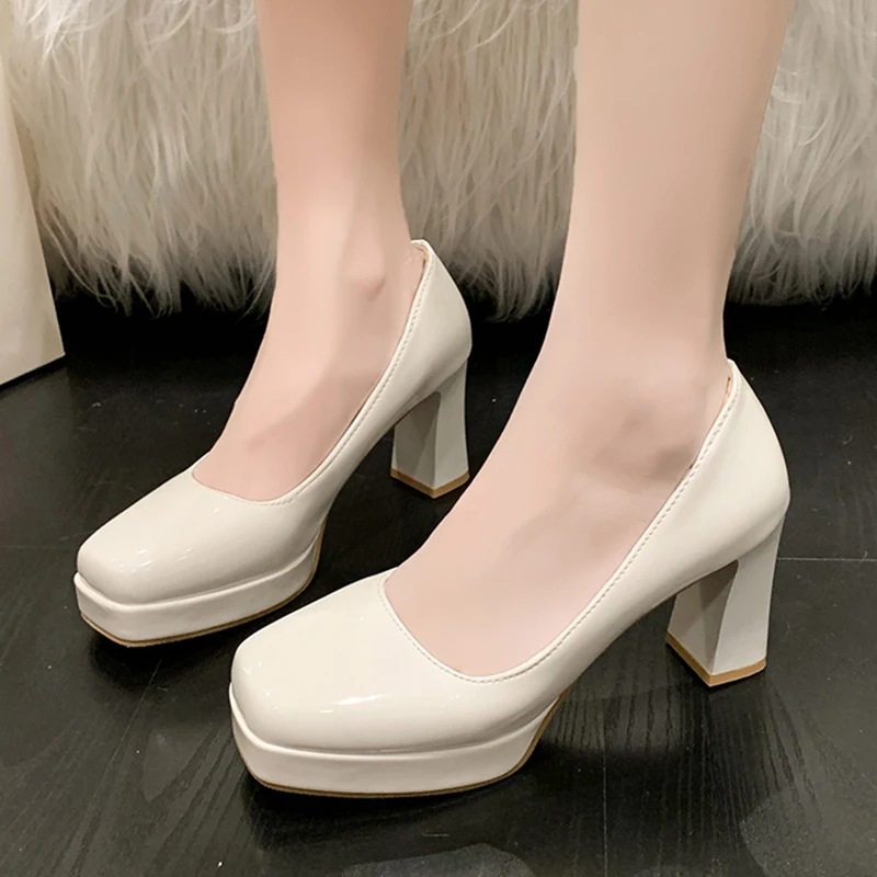 Fashion Patent Leather Pumps Women Plus Size 43 Platform Square Toe Party Shoes Woman 2024 Spring Thick High Heels Pumps Ladies