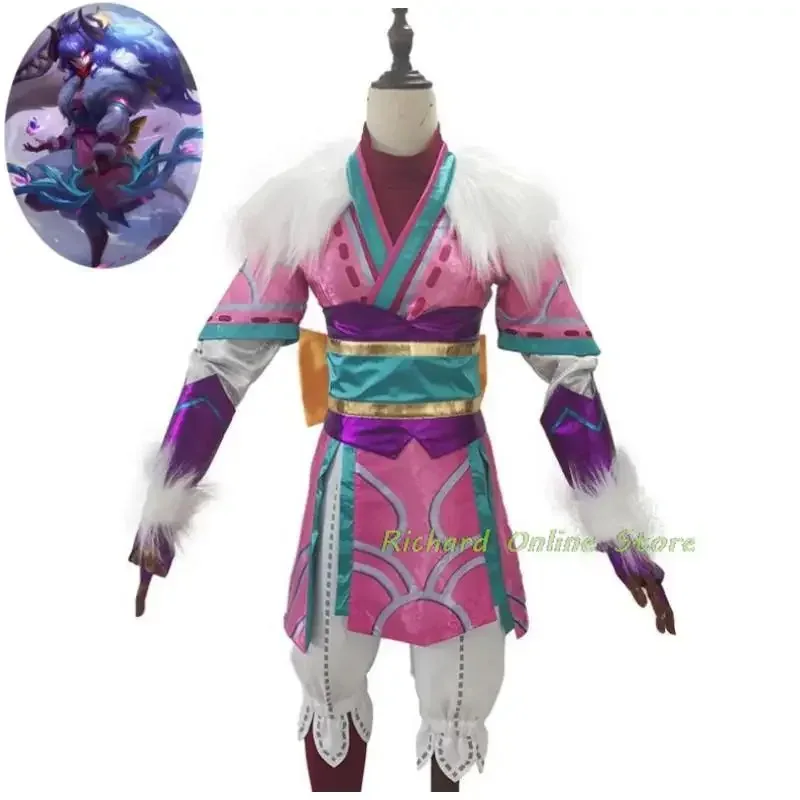 لعبة LOL Kindred الصيادين الأبدية روح زهر تأثيري حلي الأرجواني شعر مستعار أنيمي الجلد موحدة هالوين كرنفال حفلة البدلة