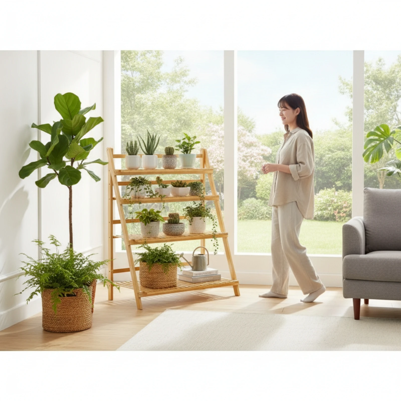 折りたたみ式プラントスタンド、スラット付きフラワーラック、植物棚、コンパクトな棚ユニット、庭師、リビングルーム、バルコニー用屋外設置可能