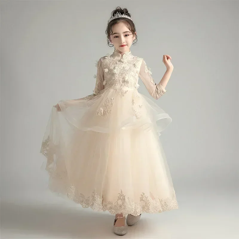 2024 Spring New Children's Tail Evening Dress Flower Boy Walk Show Fluffy Gauze Little Girl Performance Dress