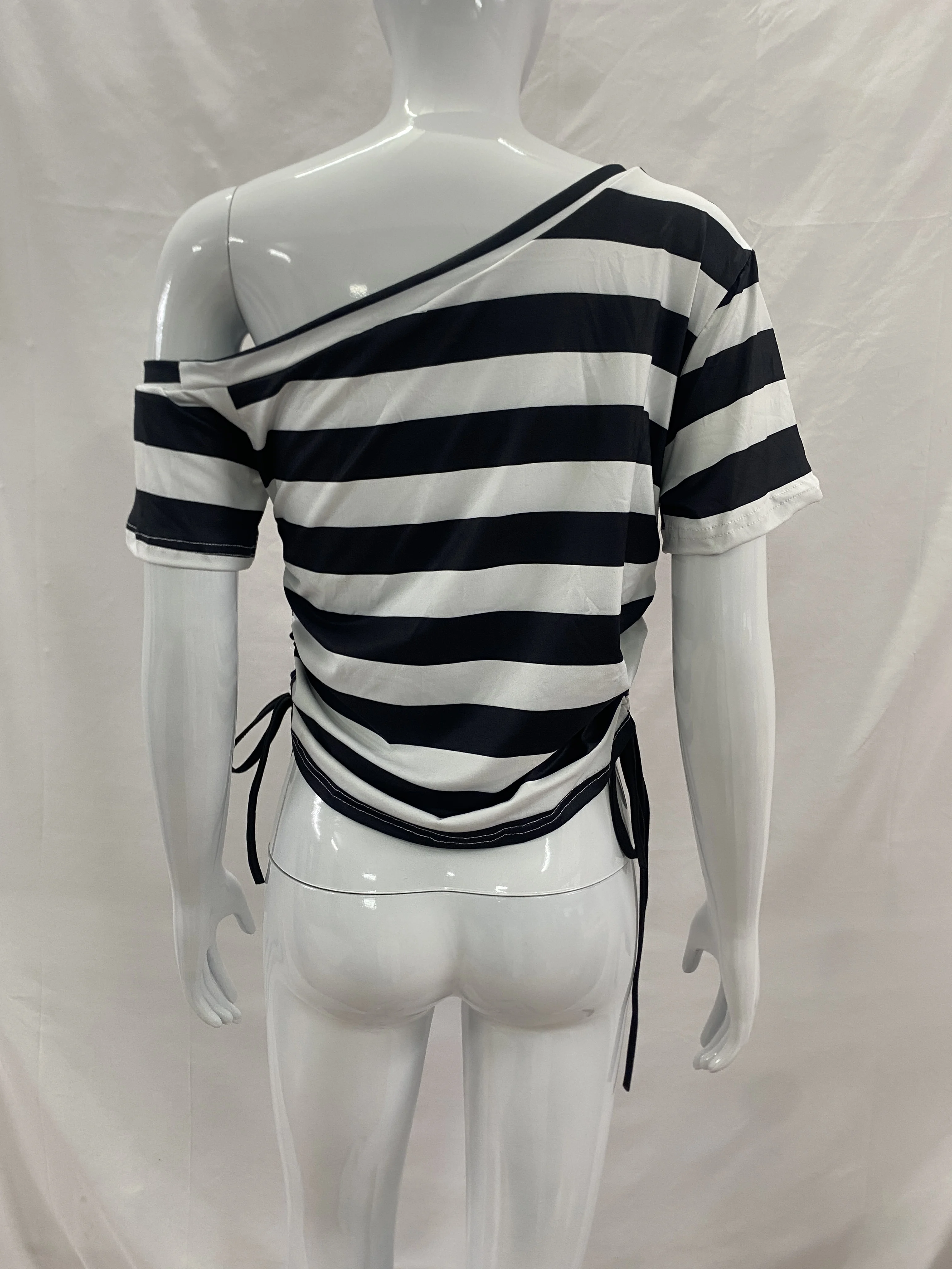 Sweet Cool Black White Stripe Asymmetrical Shoulder T-shirt Magenta Text Star Print Double Ruched Drawstring Slim Hot Girl Shirt view 6
