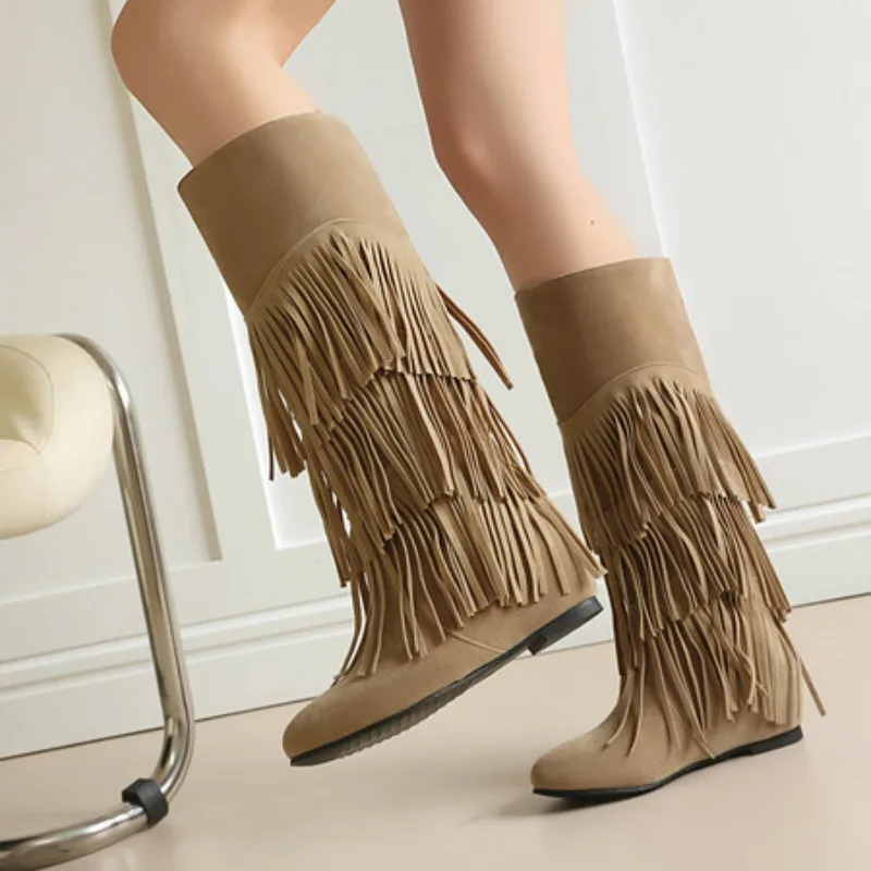 2026 New Three Layer Tassel Decor Pointed Toe Knee High Women's Boots Fashion Street Style Casual High Heel Women Boots