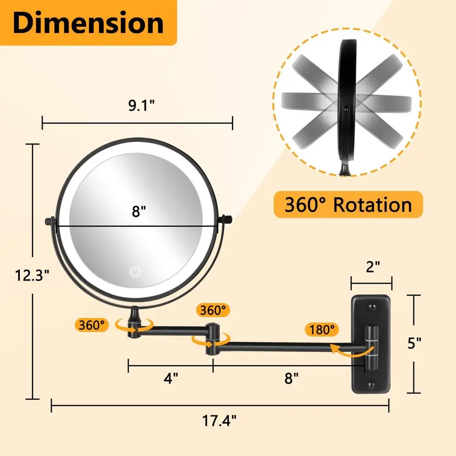 Ładowalne lusterko do makijażu z podświetleniem, montowane na ścianie, 20 cm (8 cali), lusterko powiększające 10X z 3 barwami oświetlenia, ściemnialne, sterowane dotykowo.