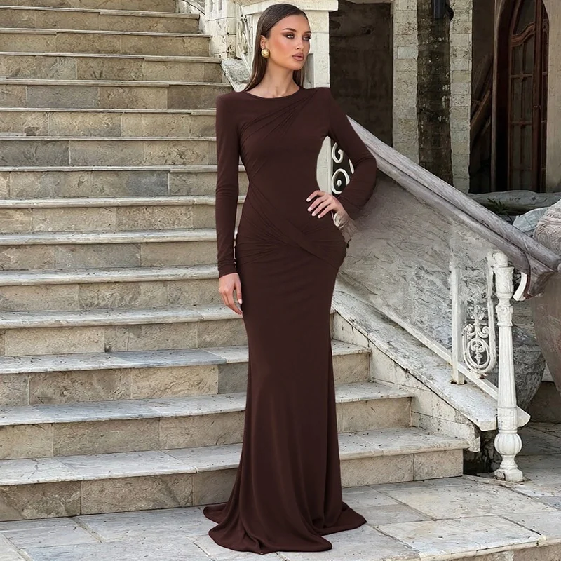 여성용 가을 겨울 신상 크로스보더 패션 단색 라운드넥 섹시 백리스 플리츠 슬림핏 바디콘 드레스