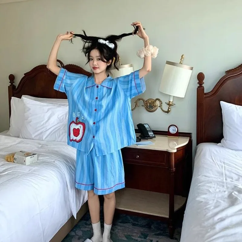 

Striped Pajamas Women's Korean Summer New Sweet Apple Print Short-sleeved Suit Loose Loungewear Can Be Worn Outside Underwear
