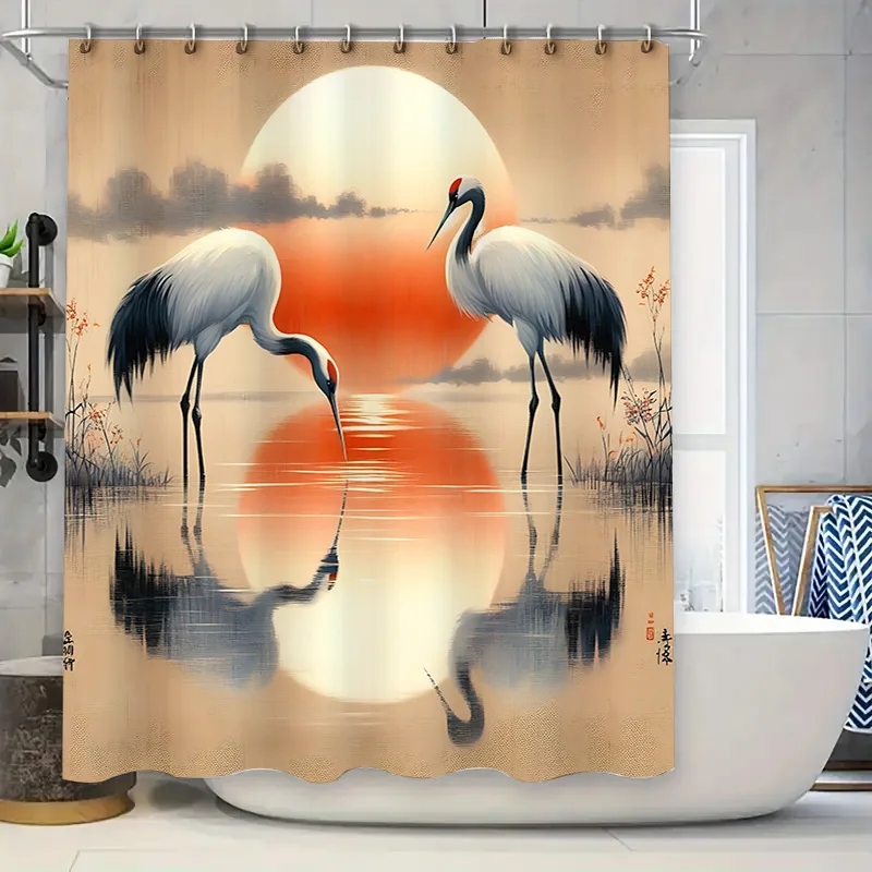 

‌ Элегантный японский журавль занавеска для душа с красной короной оранжевый закат декор для ванны китайский древний стиль дизайн водонепроницаемый прочный