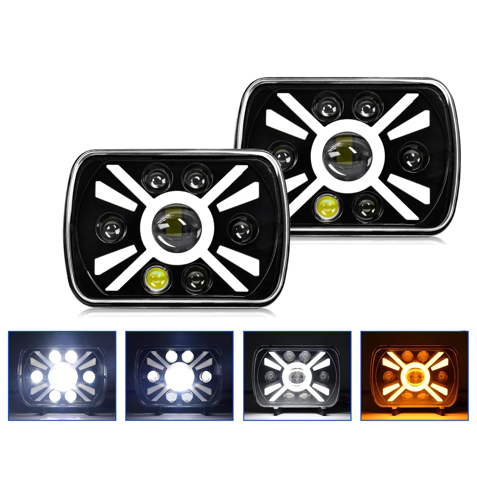 2 قطعة مصابيح أمامية LED مقاس 7 بوصة، مصابيح أمامية LED مستطيلة مقاس 5 × 7 بوصة 7 × 6 بوصة مع شعاع عالي ومنخفض بديل إشارة الانعطاف DRL لسيارة جيب شيرو #3