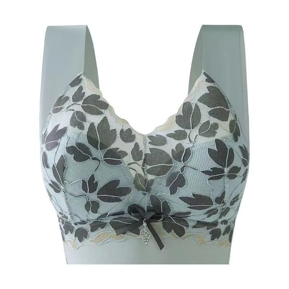 Bra V Dalam Berenda Daun Lembut Bra Push Up Cup Besar Ikatan Simpul Lingerie Zirkon Bra Nirkabel Lari