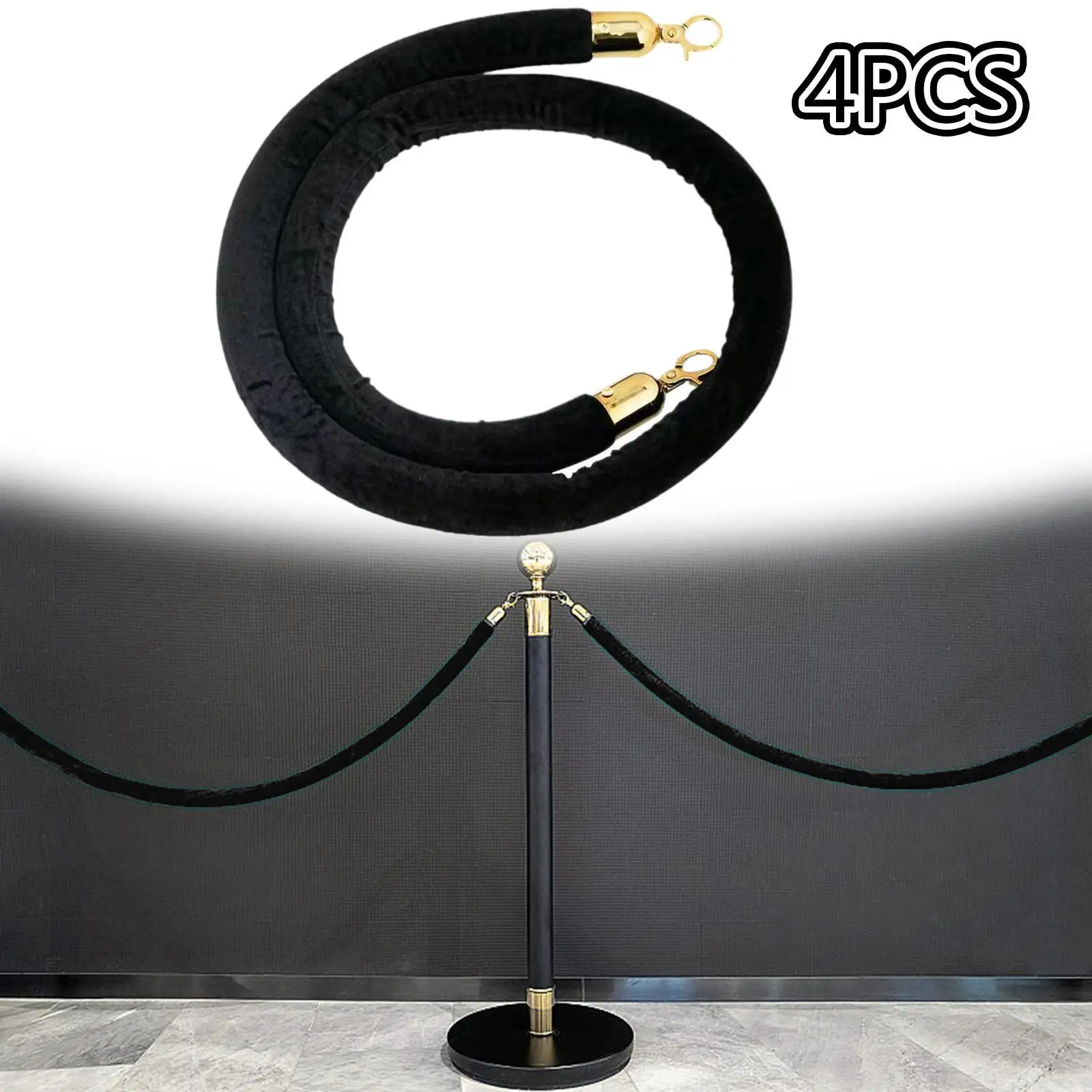4x Velvet Stanchion Rope Crowd Control Security Barriers for VIP Queue Posts Black