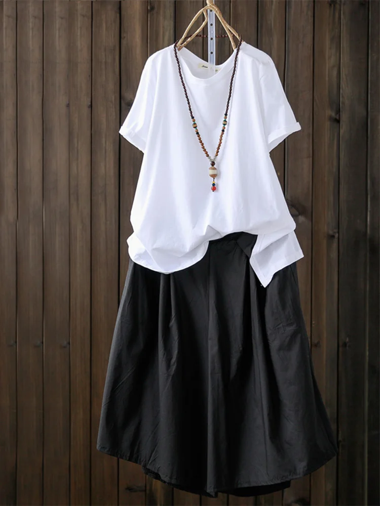 

Женский комплект из хлопка и льна, летний повседневный комплект с высокой талией, широкие брюки, юбка, костюм из двух предметов, асимметричный дизайн, пять очков