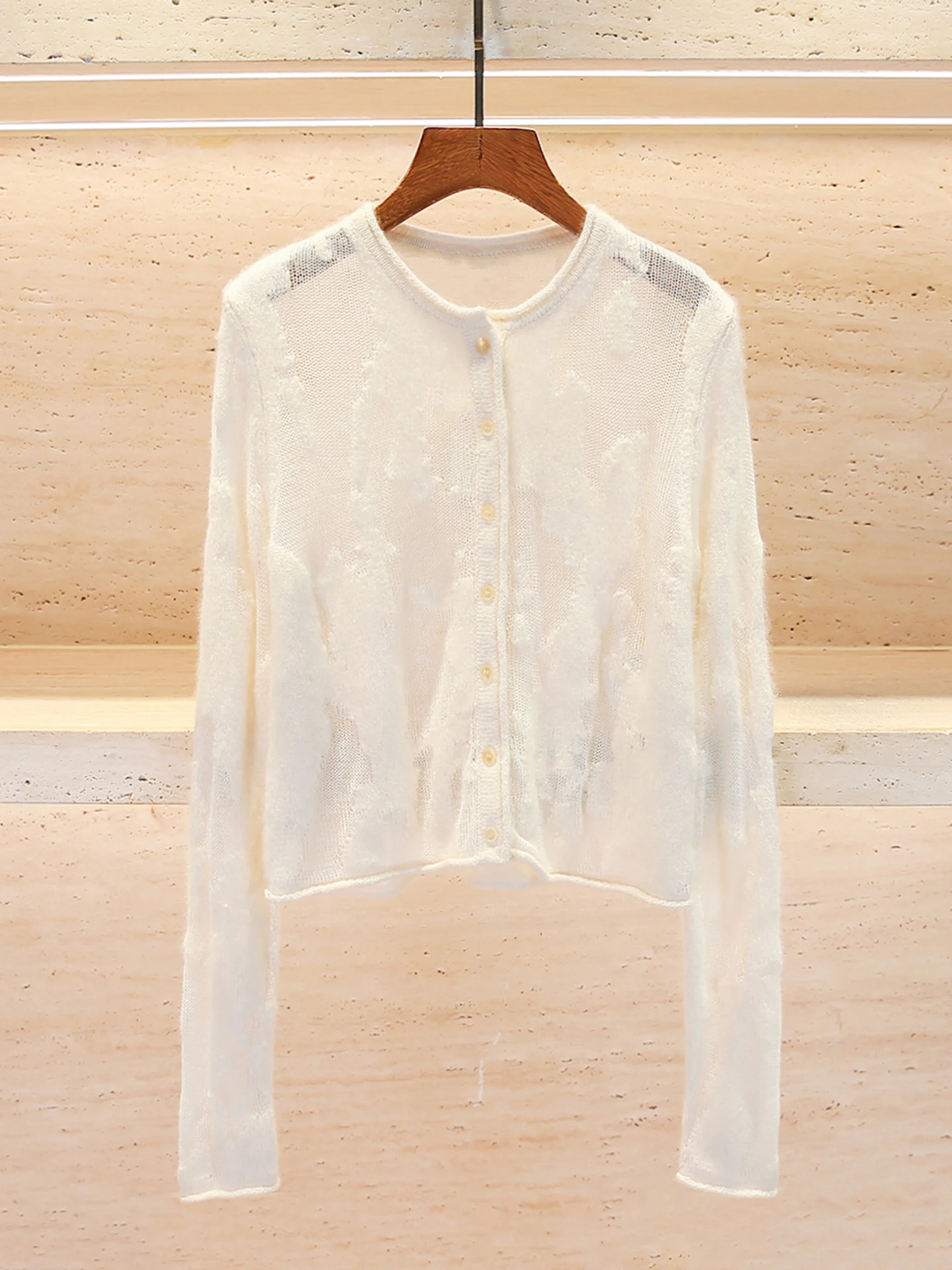 

Elegant Hollow out Embroidered Knitted Cardigan Top for Women Gentle Summer Style Long Sleeve round Neck Casual Wear
