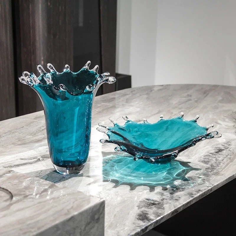 *Yd^ Creative Blue Ocean Wave Transparent Glass Vase Fruit Platter Tray Desktop Storage Container Floral Arrangement Terrarium